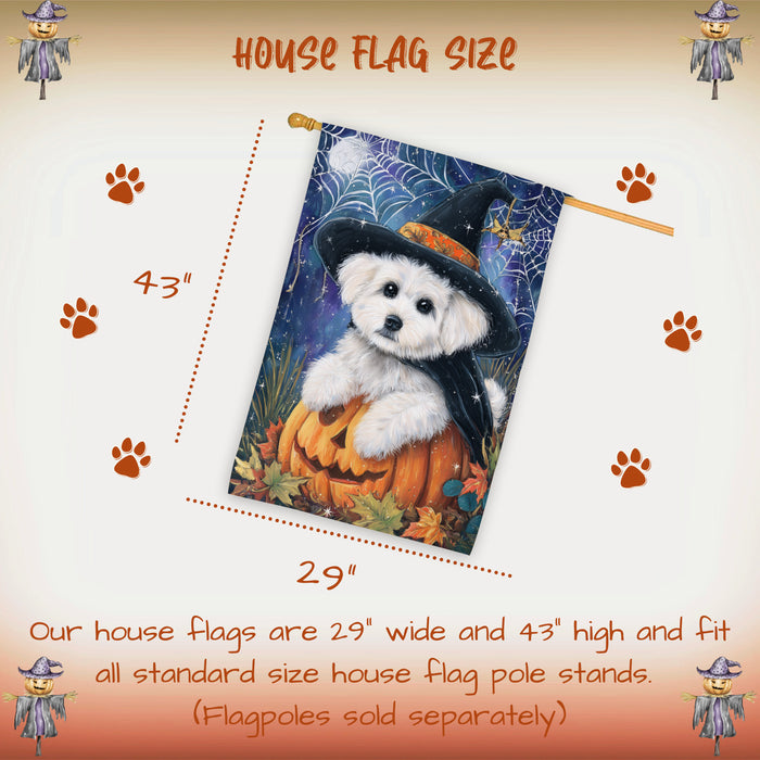 Bichon Frise Dog Halloween House Flag with Witch Hat Pumpkin and Cobweb Fall Harvest Porch Banner Autumn Farmhouse Outdoor Home Decoration for Dog Lovers Double Sided 28 x 40