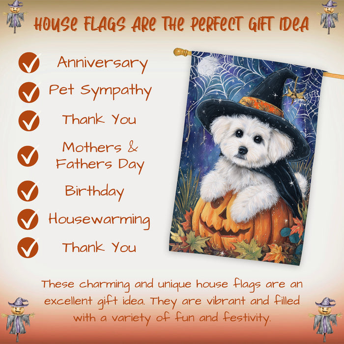 Bichon Frise Dog Halloween House Flag with Witch Hat Pumpkin and Cobweb Fall Harvest Porch Banner Autumn Farmhouse Outdoor Home Decoration for Dog Lovers Double Sided 28 x 40