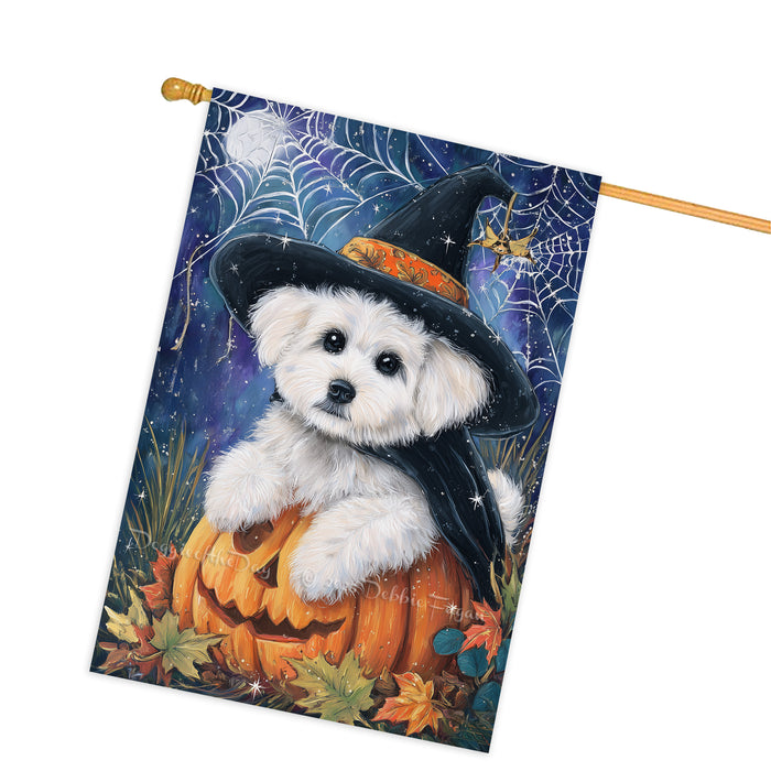 Bichon Frise Dog Halloween House Flag with Witch Hat Pumpkin and Cobweb Fall Harvest Porch Banner Autumn Farmhouse Outdoor Home Decoration for Dog Lovers Double Sided 28 x 40