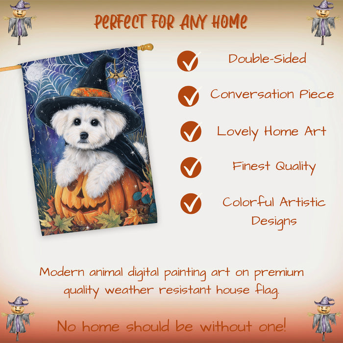 Bichon Frise Dog Halloween House Flag with Witch Hat Pumpkin and Cobweb Fall Harvest Porch Banner Autumn Farmhouse Outdoor Home Decoration for Dog Lovers Double Sided 28 x 40
