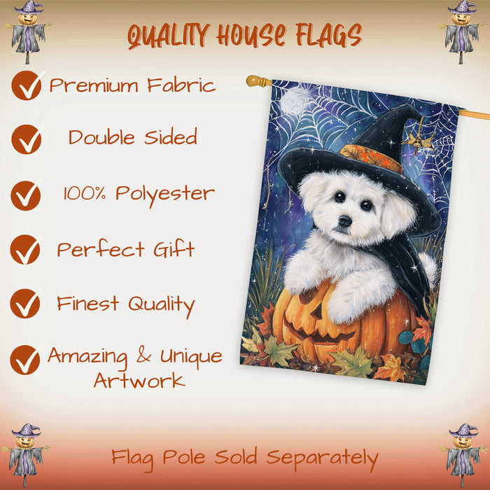 Bichon Frise Dog Halloween House Flag with Witch Hat Pumpkin and Cobweb Fall Harvest Porch Banner Autumn Farmhouse Outdoor Home Decoration for Dog Lovers Double Sided 28 x 40