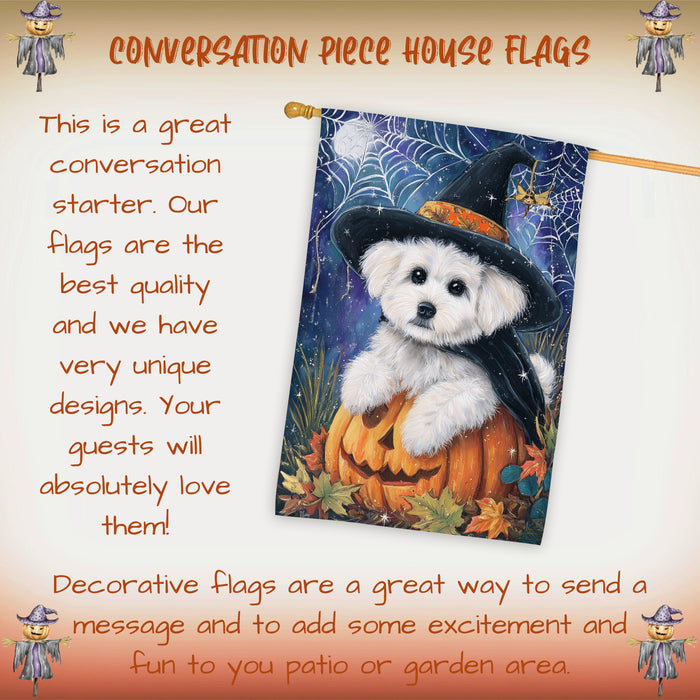 Bichon Frise Dog Halloween House Flag with Witch Hat Pumpkin and Cobweb Fall Harvest Porch Banner Autumn Farmhouse Outdoor Home Decoration for Dog Lovers Double Sided 28 x 40