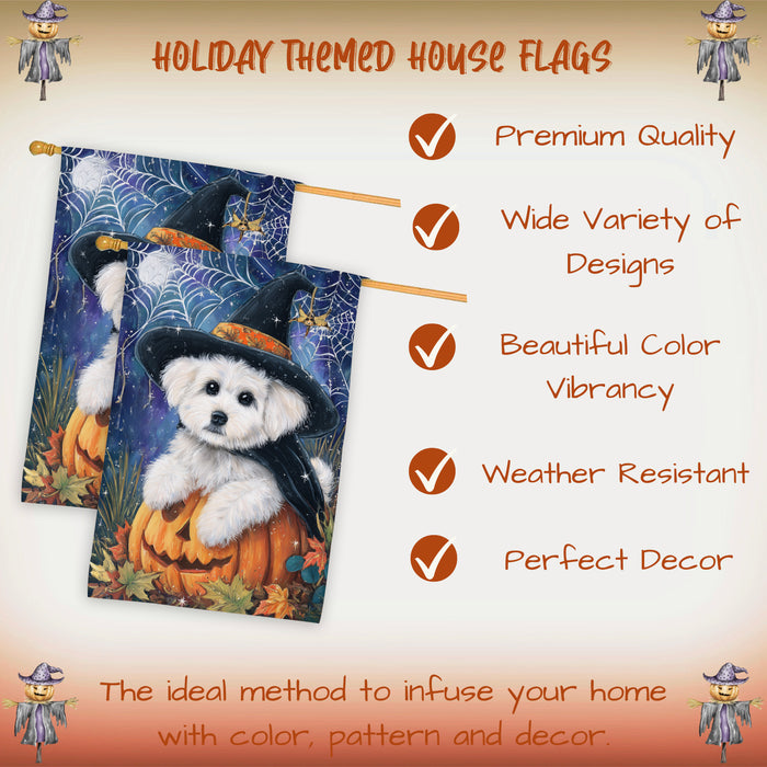 Bichon Frise Dog Halloween House Flag with Witch Hat Pumpkin and Cobweb Fall Harvest Porch Banner Autumn Farmhouse Outdoor Home Decoration for Dog Lovers Double Sided 28 x 40