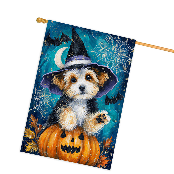 Biewer Terrier Dog Halloween House Flag with Witch Hat Pumpkin Bat and Moon Fall Harvest Porch Banner Autumn Farmhouse Outdoor Home Decoration for Dog Lovers Double Sided 28 x 40