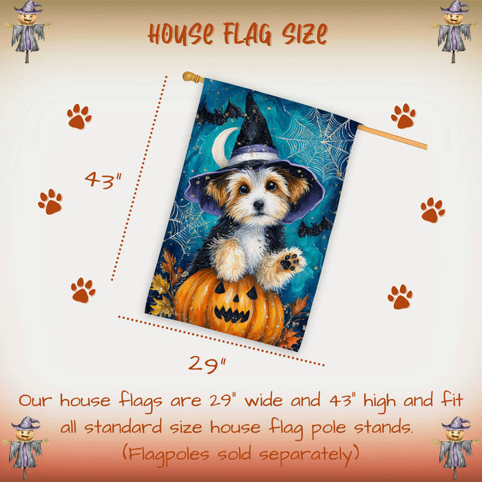 Biewer Terrier Dog Halloween House Flag with Witch Hat Pumpkin Bat and Moon Fall Harvest Porch Banner Autumn Farmhouse Outdoor Home Decoration for Dog Lovers Double Sided 28 x 40