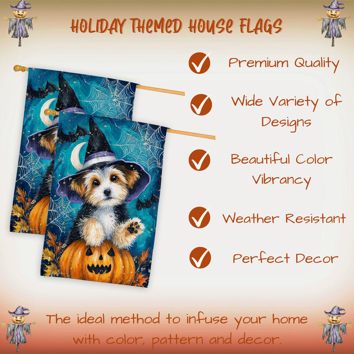 Biewer Terrier Dog Halloween House Flag with Witch Hat Pumpkin Bat and Moon Fall Harvest Porch Banner Autumn Farmhouse Outdoor Home Decoration for Dog Lovers Double Sided 28 x 40