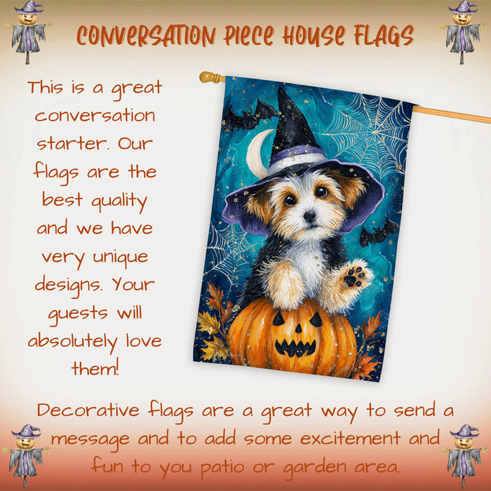 Biewer Terrier Dog Halloween House Flag with Witch Hat Pumpkin Bat and Moon Fall Harvest Porch Banner Autumn Farmhouse Outdoor Home Decoration for Dog Lovers Double Sided 28 x 40