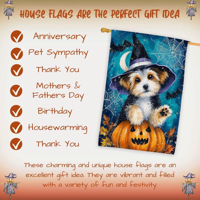 Biewer Terrier Dog Halloween House Flag with Witch Hat Pumpkin Bat and Moon Fall Harvest Porch Banner Autumn Farmhouse Outdoor Home Decoration for Dog Lovers Double Sided 28 x 40