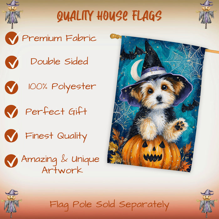 Biewer Terrier Dog Halloween House Flag with Witch Hat Pumpkin Bat and Moon Fall Harvest Porch Banner Autumn Farmhouse Outdoor Home Decoration for Dog Lovers Double Sided 28 x 40