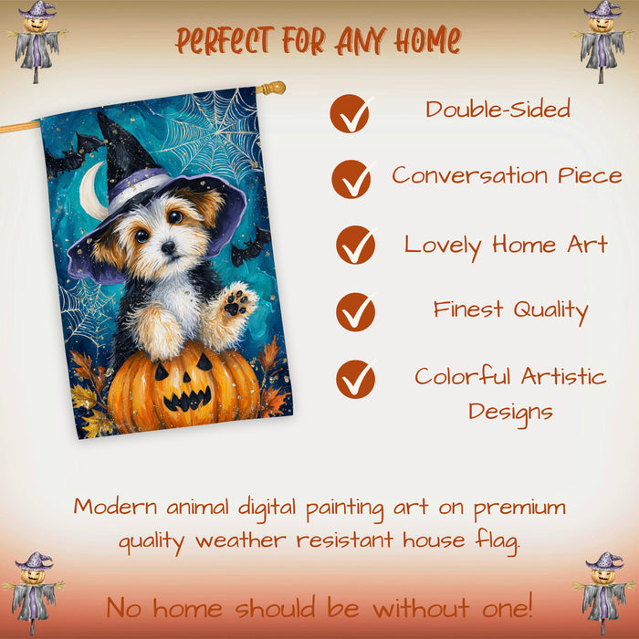 Biewer Terrier Dog Halloween House Flag with Witch Hat Pumpkin Bat and Moon Fall Harvest Porch Banner Autumn Farmhouse Outdoor Home Decoration for Dog Lovers Double Sided 28 x 40