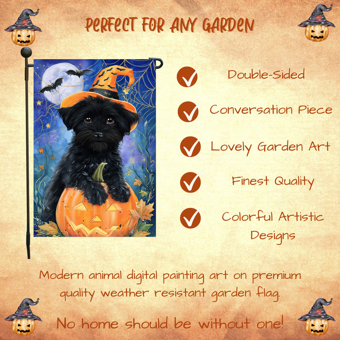 Affenpinscher Dog Halloween Garden Flag with Witch Hat Pumpkin and Spider Web Outdoor Yard Banner for Fall Lawn Porch and Garden Party Decoration for Dog Lovers Single or Double Sided 12.5 x 18