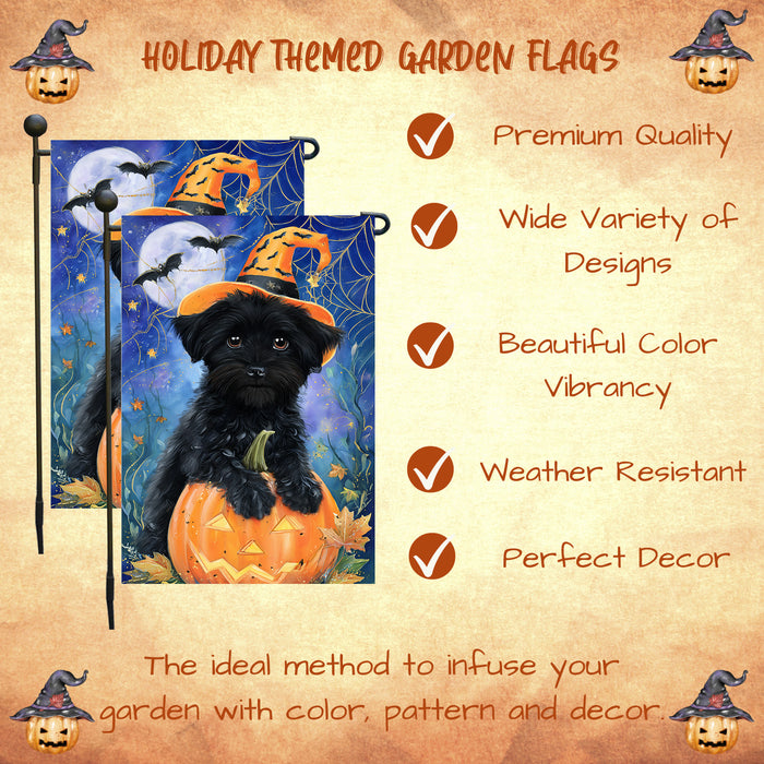 Affenpinscher Dog Halloween Garden Flag with Witch Hat Pumpkin and Spider Web Outdoor Yard Banner for Fall Lawn Porch and Garden Party Decoration for Dog Lovers Single or Double Sided 12.5 x 18