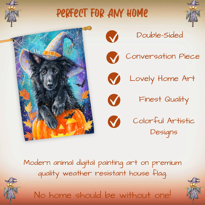 Belgian Shepherd Dog Halloween House Flag with Pumpkin Bat Full Moon and Witch Hat Fall Harvest Porch Banner Autumn Farmhouse Outdoor Home Decoration for Dog Lovers Double Sided 28 x 40