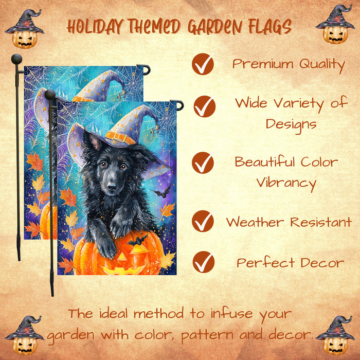 Belgian Shepherd Dog Halloween Garden Flag with Pumpkin Bat Full Moon and Witch Hat Outdoor Yard Banner for Fall Lawn Porch and Garden Decoration for Dog Lovers Single or Double Sided 12.5 x 18