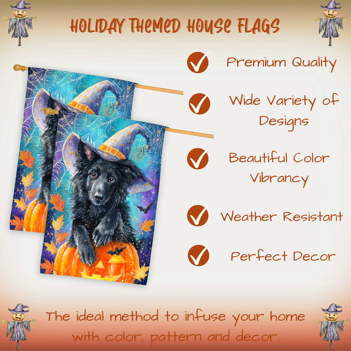 Belgian Shepherd Dog Halloween House Flag with Pumpkin Bat Full Moon and Witch Hat Fall Harvest Porch Banner Autumn Farmhouse Outdoor Home Decoration for Dog Lovers Double Sided 28 x 40