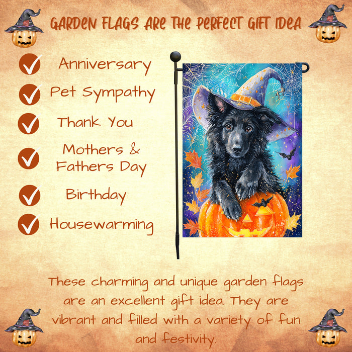 Belgian Shepherd Dog Halloween Garden Flag with Pumpkin Bat Full Moon and Witch Hat Outdoor Yard Banner for Fall Lawn Porch and Garden Decoration for Dog Lovers Single or Double Sided 12.5 x 18