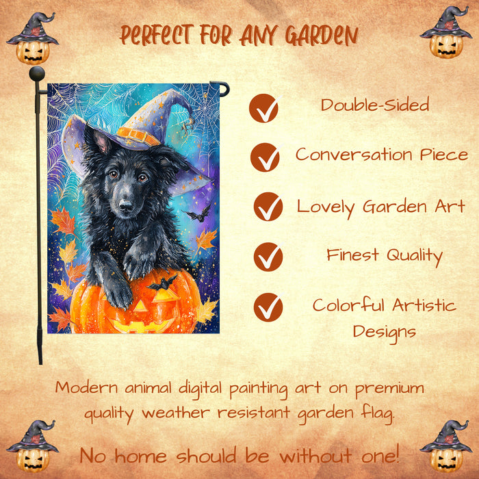 Belgian Shepherd Dog Halloween Garden Flag with Pumpkin Bat Full Moon and Witch Hat Outdoor Yard Banner for Fall Lawn Porch and Garden Decoration for Dog Lovers Single or Double Sided 12.5 x 18