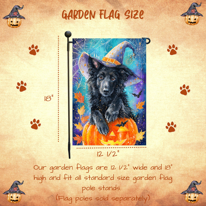 Belgian Shepherd Dog Halloween Garden Flag with Pumpkin Bat Full Moon and Witch Hat Outdoor Yard Banner for Fall Lawn Porch and Garden Decoration for Dog Lovers Single or Double Sided 12.5 x 18
