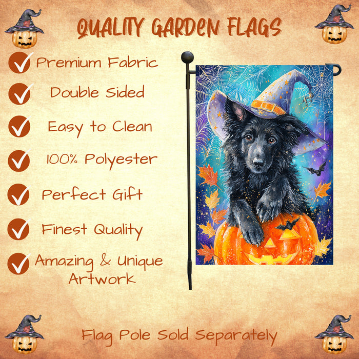 Belgian Shepherd Dog Halloween Garden Flag with Pumpkin Bat Full Moon and Witch Hat Outdoor Yard Banner for Fall Lawn Porch and Garden Decoration for Dog Lovers Single or Double Sided 12.5 x 18