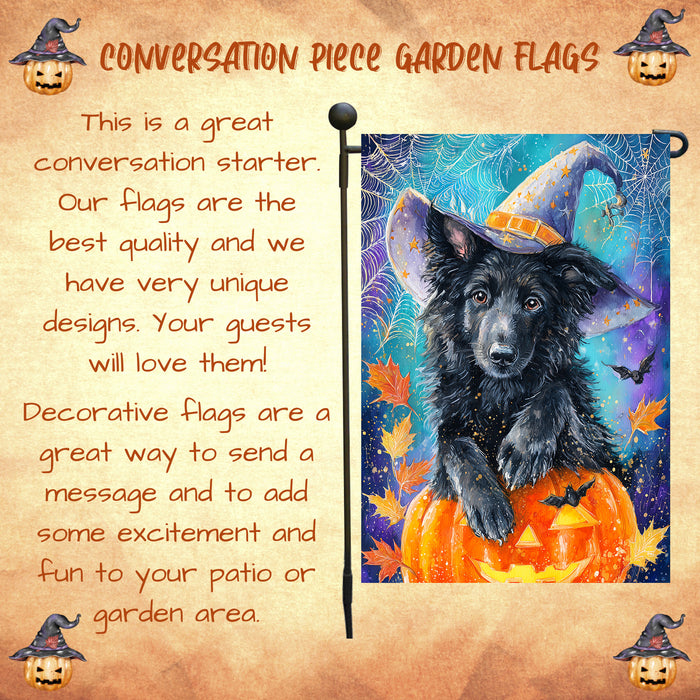 Belgian Shepherd Dog Halloween Garden Flag with Pumpkin Bat Full Moon and Witch Hat Outdoor Yard Banner for Fall Lawn Porch and Garden Decoration for Dog Lovers Single or Double Sided 12.5 x 18