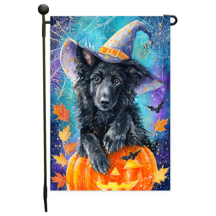Belgian Shepherd Dog Halloween Garden Flag with Pumpkin Bat Full Moon and Witch Hat Outdoor Yard Banner for Fall Lawn Porch and Garden Decoration for Dog Lovers Single or Double Sided 12.5 x 18