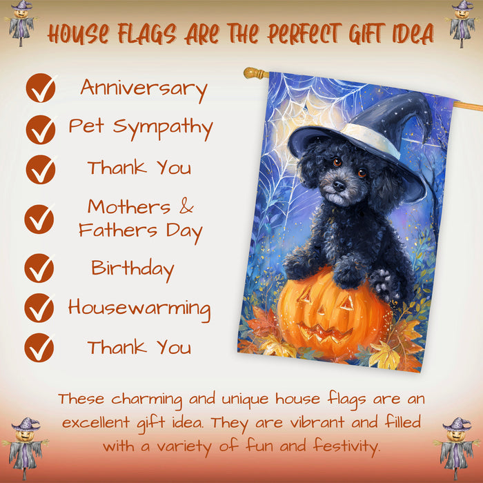Poodle Dog Halloween House Flag with Witch Hat Pumpkin Bat and Moon Fall Harvest Porch Banner Autumn Farmhouse Outdoor Home Decoration for Dog Lovers Double Sided 28 x 40