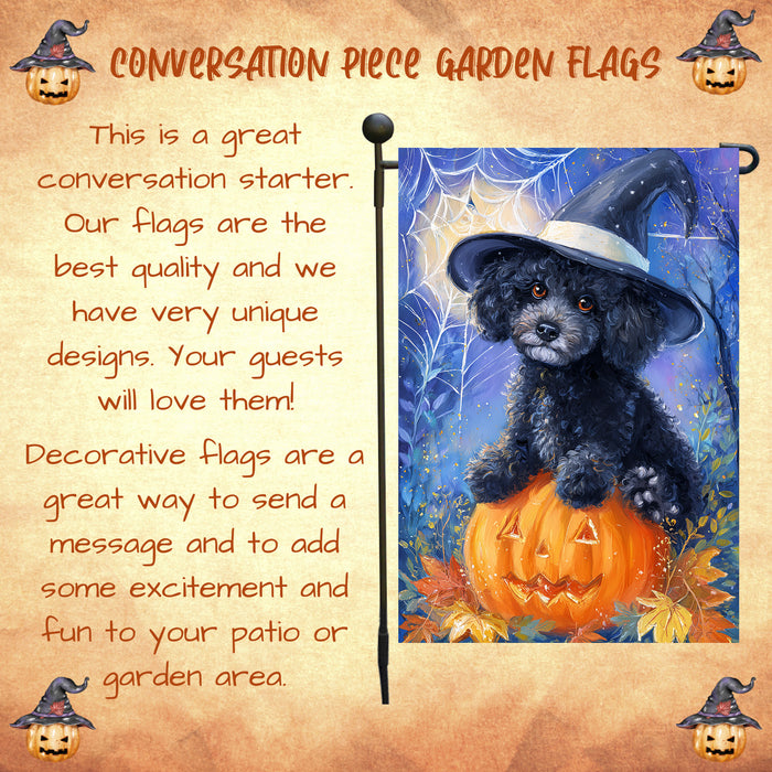Poodle Dog Halloween Garden Flag with Witch Hat Pumpkin Bat and Moon Outdoor Yard Banner Fall Porch Lawn Decoration Holiday Gift for Pet Lovers Single or Double Sided 12.5 x 18
