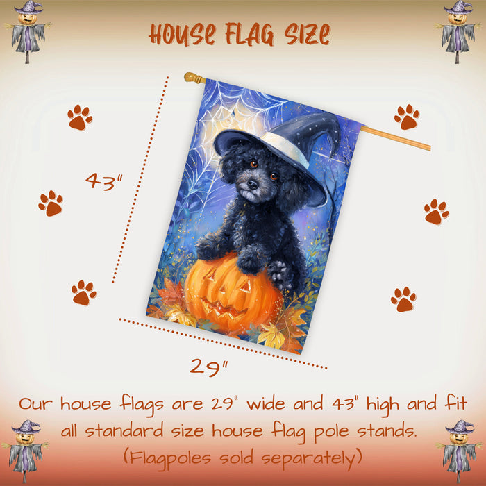 Poodle Dog Halloween House Flag with Witch Hat Pumpkin Bat and Moon Fall Harvest Porch Banner Autumn Farmhouse Outdoor Home Decoration for Dog Lovers Double Sided 28 x 40