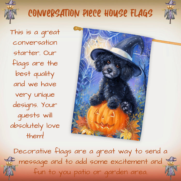 Poodle Dog Halloween House Flag with Witch Hat Pumpkin Bat and Moon Fall Harvest Porch Banner Autumn Farmhouse Outdoor Home Decoration for Dog Lovers Double Sided 28 x 40