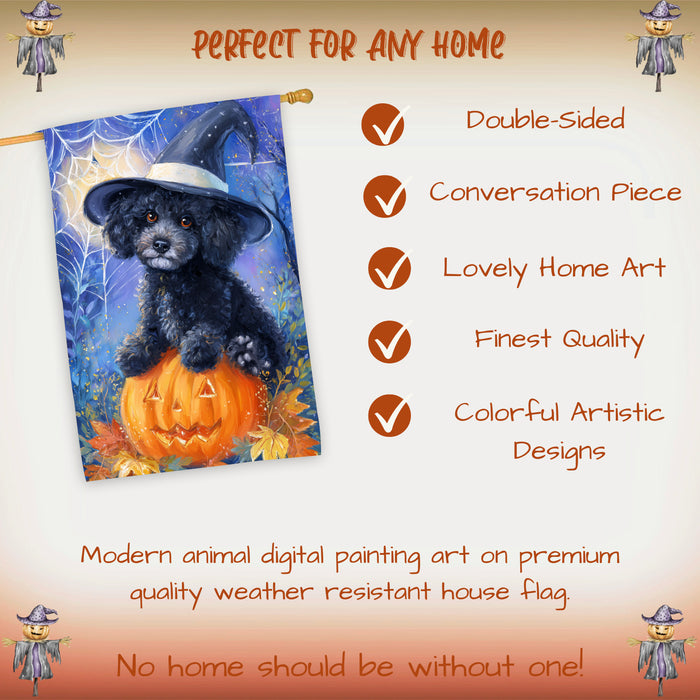 Poodle Dog Halloween House Flag with Witch Hat Pumpkin Bat and Moon Fall Harvest Porch Banner Autumn Farmhouse Outdoor Home Decoration for Dog Lovers Double Sided 28 x 40