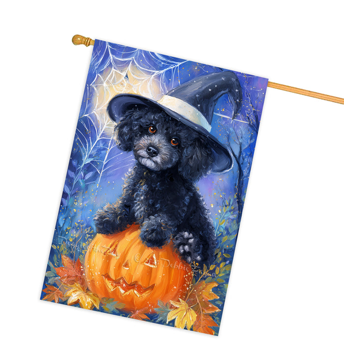 Poodle Dog Halloween House Flag with Witch Hat Pumpkin Bat and Moon Fall Harvest Porch Banner Autumn Farmhouse Outdoor Home Decoration for Dog Lovers Double Sided 28 x 40