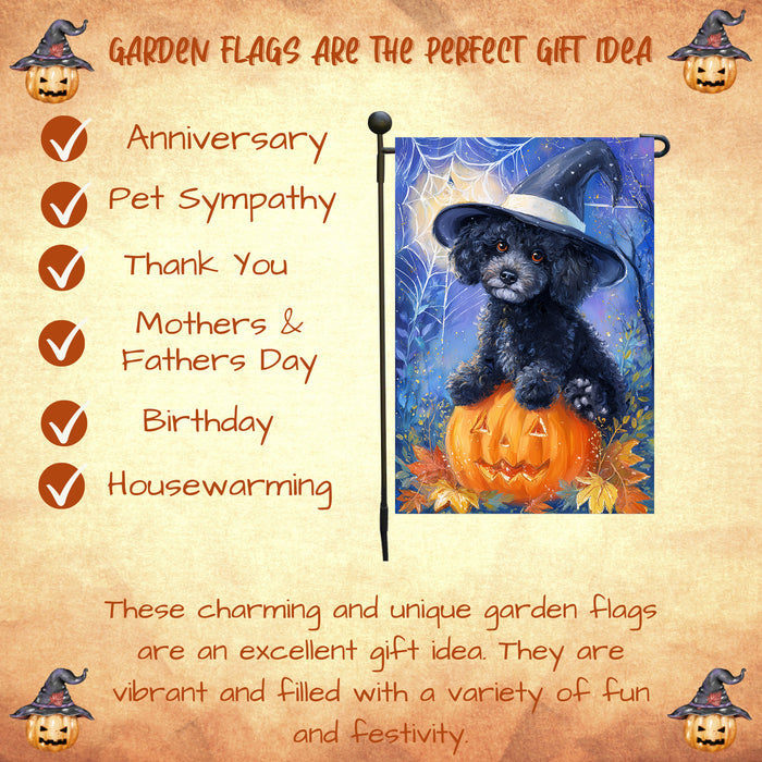 Poodle Dog Halloween Garden Flag with Witch Hat Pumpkin Bat and Moon Outdoor Yard Banner Fall Porch Lawn Decoration Holiday Gift for Pet Lovers Single or Double Sided 12.5 x 18