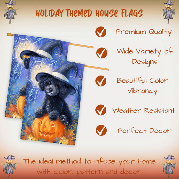 Poodle Dog Halloween House Flag with Witch Hat Pumpkin Bat and Moon Fall Harvest Porch Banner Autumn Farmhouse Outdoor Home Decoration for Dog Lovers Double Sided 28 x 40