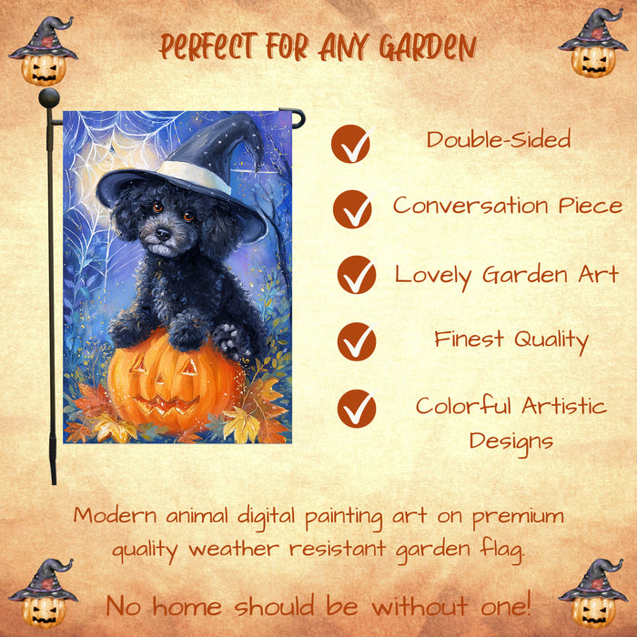 Poodle Dog Halloween Garden Flag with Witch Hat Pumpkin Bat and Moon Outdoor Yard Banner Fall Porch Lawn Decoration Holiday Gift for Pet Lovers Single or Double Sided 12.5 x 18