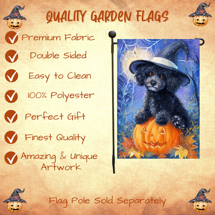 Poodle Dog Halloween Garden Flag with Witch Hat Pumpkin Bat and Moon Outdoor Yard Banner Fall Porch Lawn Decoration Holiday Gift for Pet Lovers Single or Double Sided 12.5 x 18