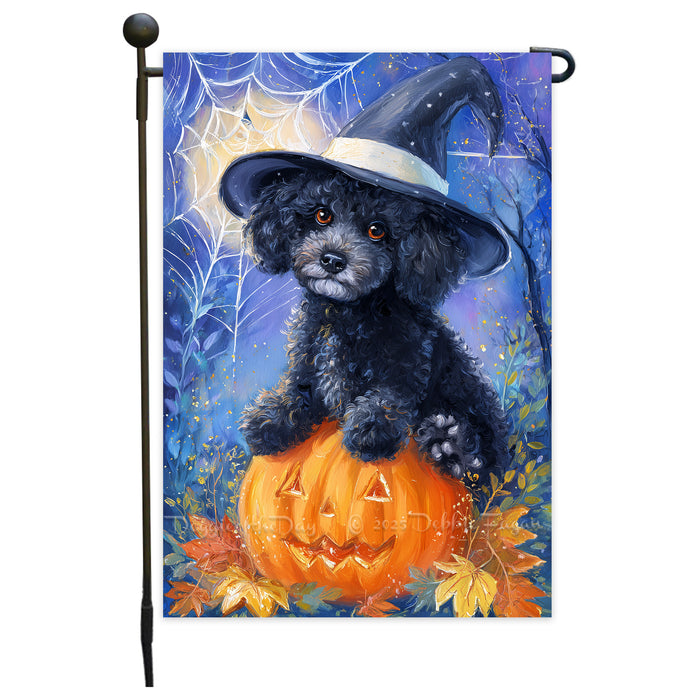 Poodle Dog Halloween Garden Flag with Witch Hat Pumpkin Bat and Moon Outdoor Yard Banner Fall Porch Lawn Decoration Holiday Gift for Pet Lovers Single or Double Sided 12.5 x 18