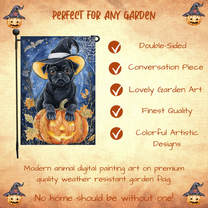 Pug Dog Halloween Garden Flag with Witch Hat Pumpkin and Full Moon Outdoor Yard Banner for Fall Porch Lawn and Pathway Decoration Holiday Gift for Dog Lovers Single or Double Sided 12.5 x 18
