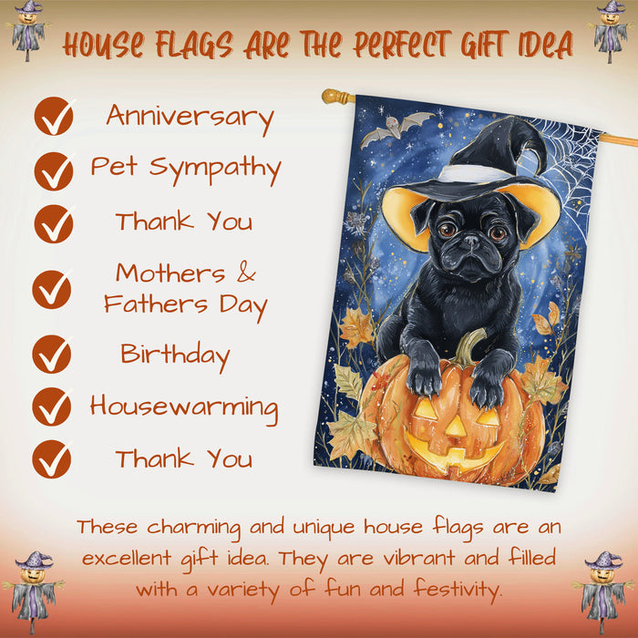 Pug Dog Halloween House Flag with Witch Hat Pumpkin and Full Moon Fall Harvest Porch Banner Autumn Farmhouse Outdoor Home Decoration for Dog Lovers Double Sided 28 x 40