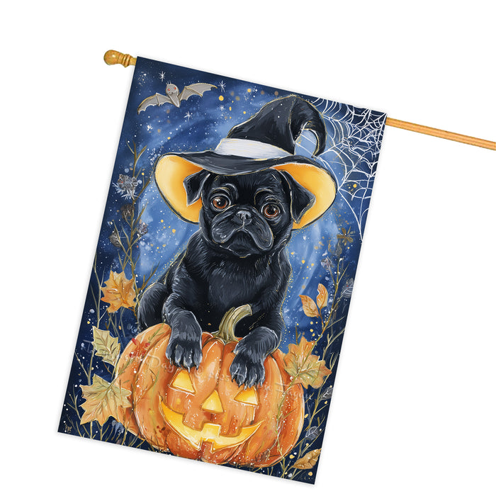 Pug Dog Halloween House Flag with Witch Hat Pumpkin and Full Moon Fall Harvest Porch Banner Autumn Farmhouse Outdoor Home Decoration for Dog Lovers Double Sided 28 x 40
