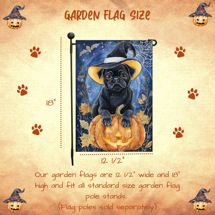 Pug Dog Halloween Garden Flag with Witch Hat Pumpkin and Full Moon Outdoor Yard Banner for Fall Porch Lawn and Pathway Decoration Holiday Gift for Dog Lovers Single or Double Sided 12.5 x 18