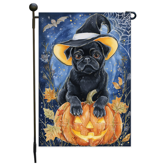 Pug Dog Halloween Garden Flag with Witch Hat Pumpkin and Full Moon Outdoor Yard Banner for Fall Porch Lawn and Pathway Decoration Holiday Gift for Dog Lovers Single or Double Sided 12.5 x 18
