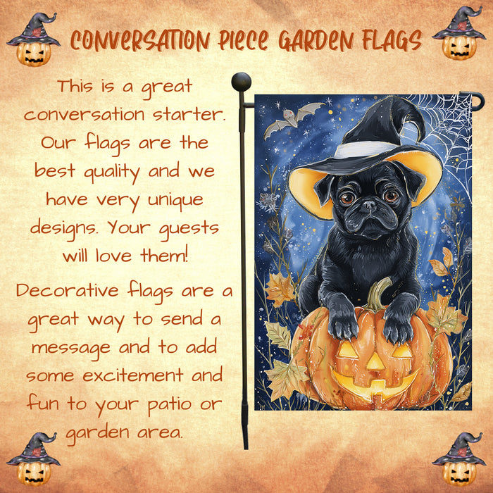 Pug Dog Halloween Garden Flag with Witch Hat Pumpkin and Full Moon Outdoor Yard Banner for Fall Porch Lawn and Pathway Decoration Holiday Gift for Dog Lovers Single or Double Sided 12.5 x 18