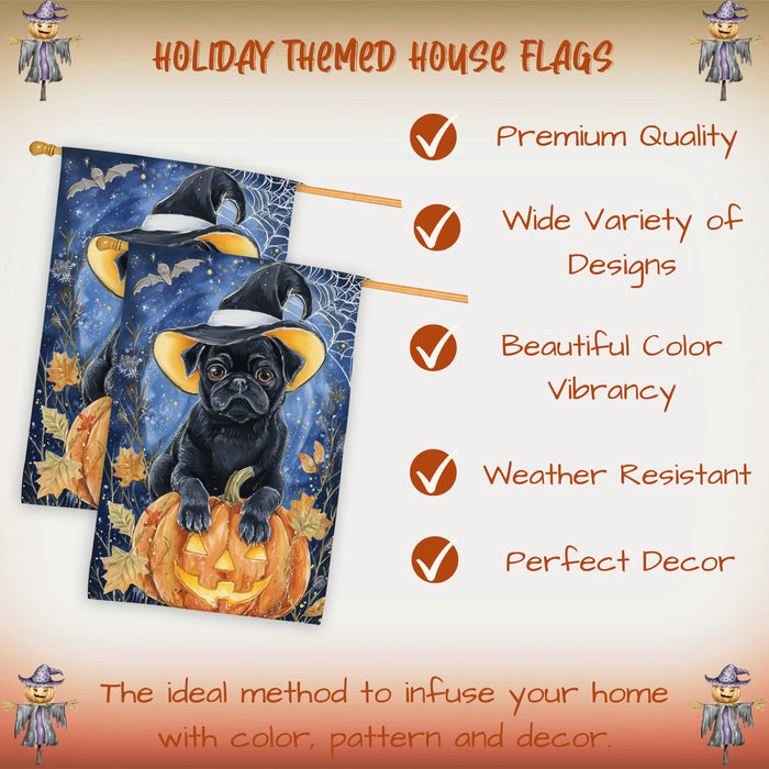 Pug Dog Halloween House Flag with Witch Hat Pumpkin and Full Moon Fall Harvest Porch Banner Autumn Farmhouse Outdoor Home Decoration for Dog Lovers Double Sided 28 x 40