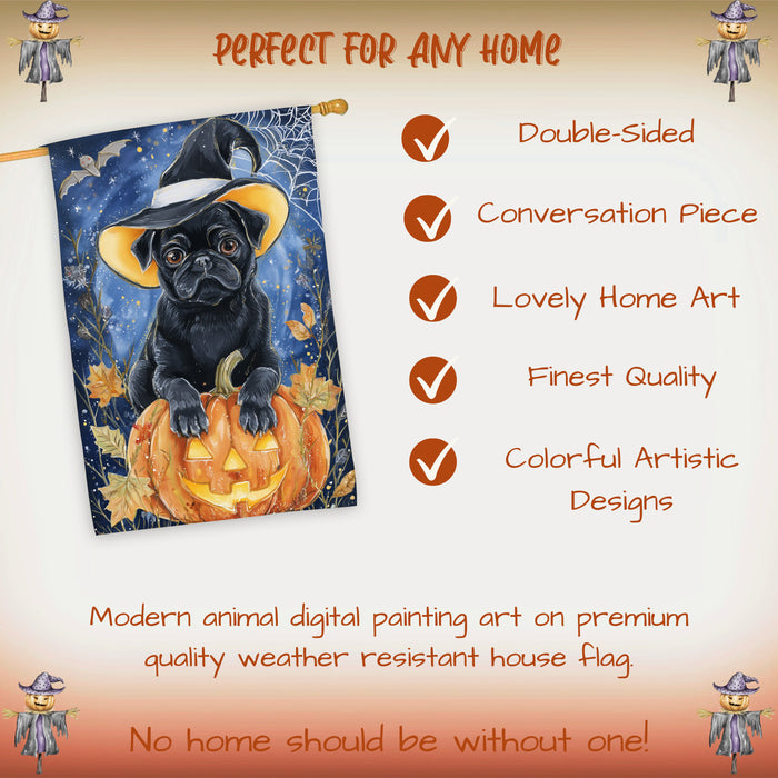 Pug Dog Halloween House Flag with Witch Hat Pumpkin and Full Moon Fall Harvest Porch Banner Autumn Farmhouse Outdoor Home Decoration for Dog Lovers Double Sided 28 x 40