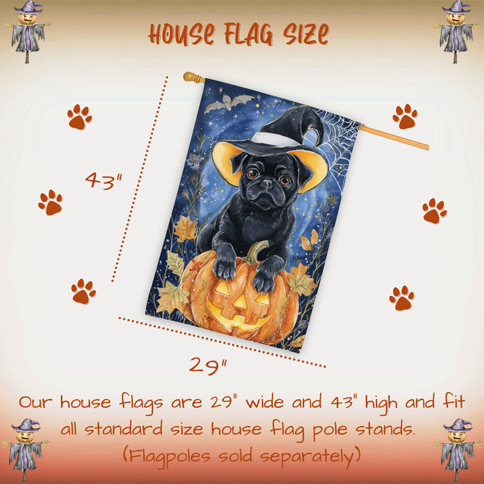 Pug Dog Halloween House Flag with Witch Hat Pumpkin and Full Moon Fall Harvest Porch Banner Autumn Farmhouse Outdoor Home Decoration for Dog Lovers Double Sided 28 x 40