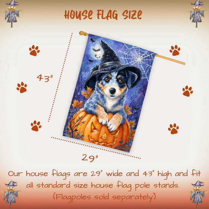 Blue Heeler Dog Halloween House Flag with Witch Hat Pumpkin and Fall Leaves Harvest Porch Banner Autumn Farmhouse Outdoor Home Decoration for Dog Lovers Double Sided 28 x 40