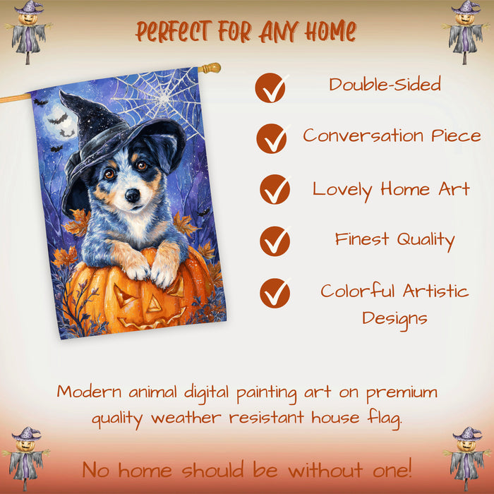 Blue Heeler Dog Halloween House Flag with Witch Hat Pumpkin and Fall Leaves Harvest Porch Banner Autumn Farmhouse Outdoor Home Decoration for Dog Lovers Double Sided 28 x 40