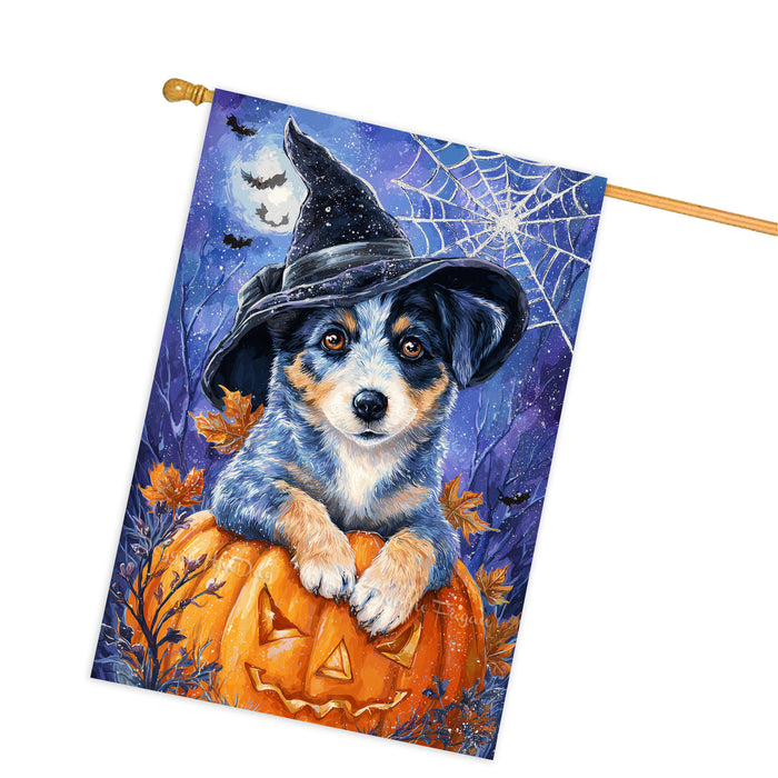 Blue Heeler Dog Halloween House Flag with Witch Hat Pumpkin and Fall Leaves Harvest Porch Banner Autumn Farmhouse Outdoor Home Decoration for Dog Lovers Double Sided 28 x 40