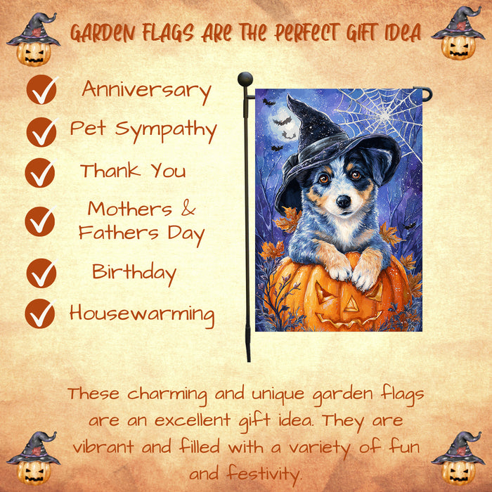 Blue Heeler Dog Halloween Garden Flag with Witch Hat and Pumpkin Outdoor Yard Banner Fall Porch Lawn Decoration Autumn Harvest Décor for Dog Lovers Single or Double Sided 12.5 x 18