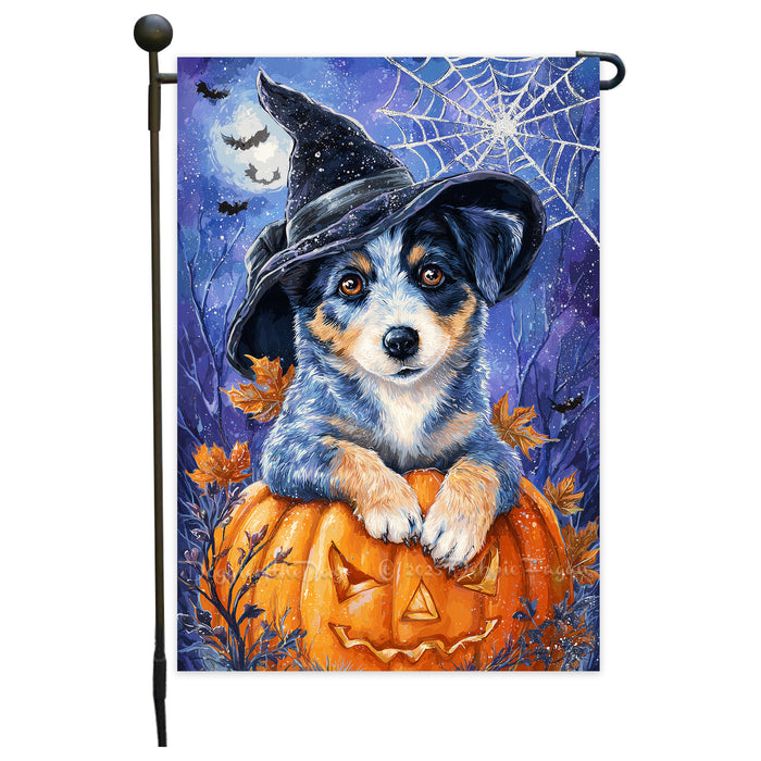 Blue Heeler Dog Halloween Garden Flag with Witch Hat and Pumpkin Outdoor Yard Banner Fall Porch Lawn Decoration Autumn Harvest Décor for Dog Lovers Single or Double Sided 12.5 x 18